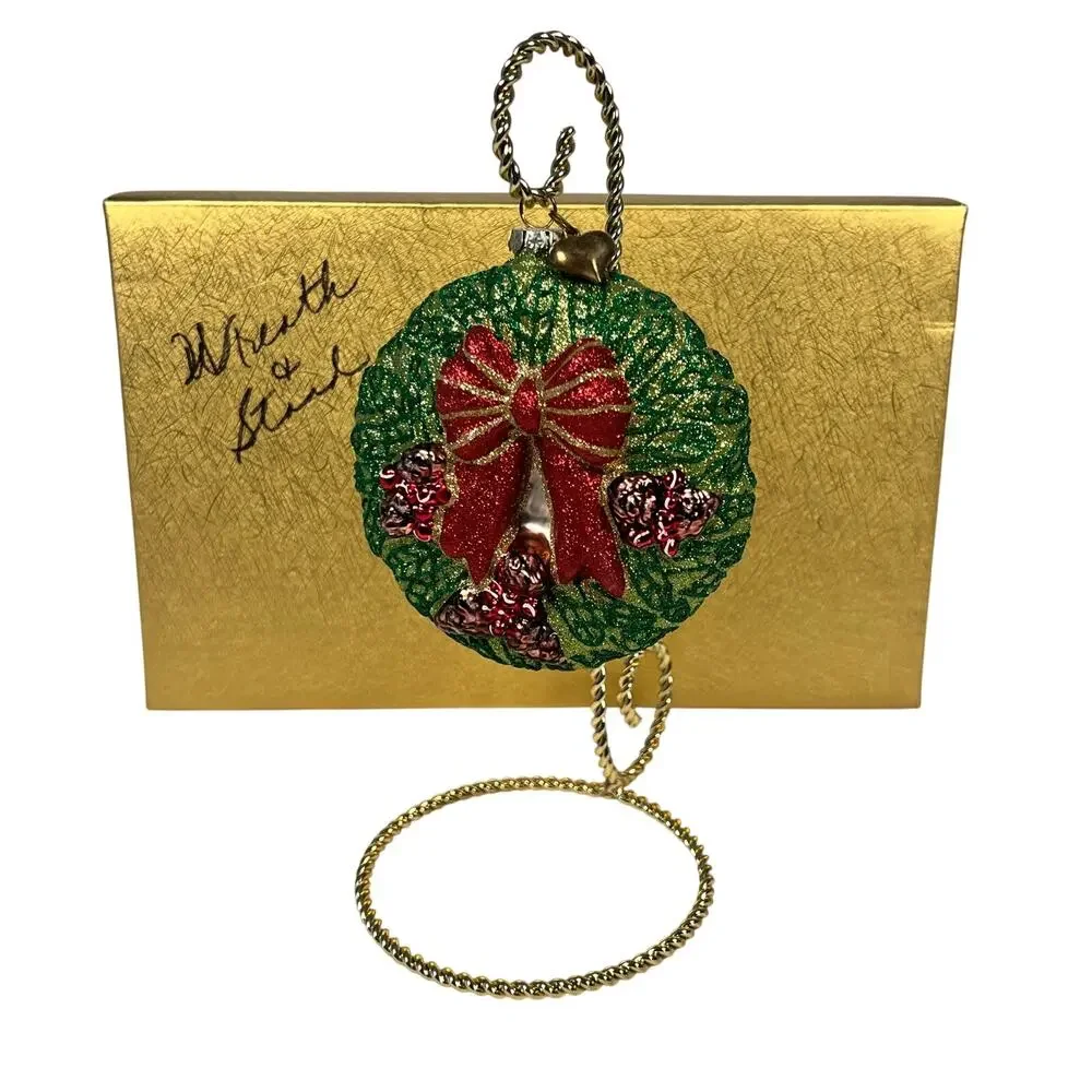 Valerie Parr Hill Hanging Wreath Christmas Glass Ornament w/Gold Metal Stand